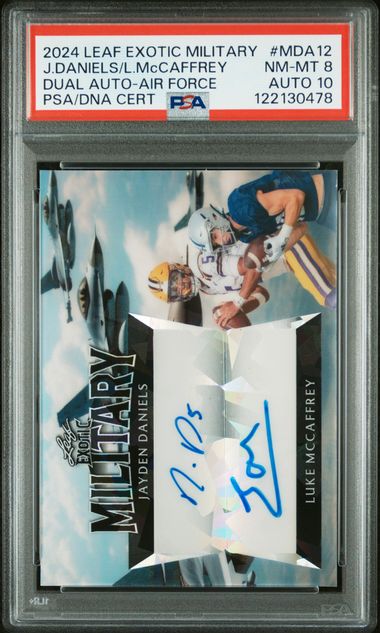Jayden Daniels/Luke Mccaffrey 2024 Leaf Exotic Military Air Force Dual Autograph #'D 1/3 PSA 8 Auto 10