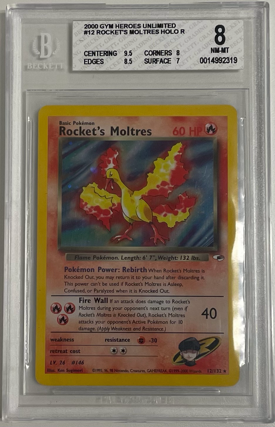 Rocket's Moltres Holo 12/132 - Gym Heroes - 2000 Pokemon - BGS 8