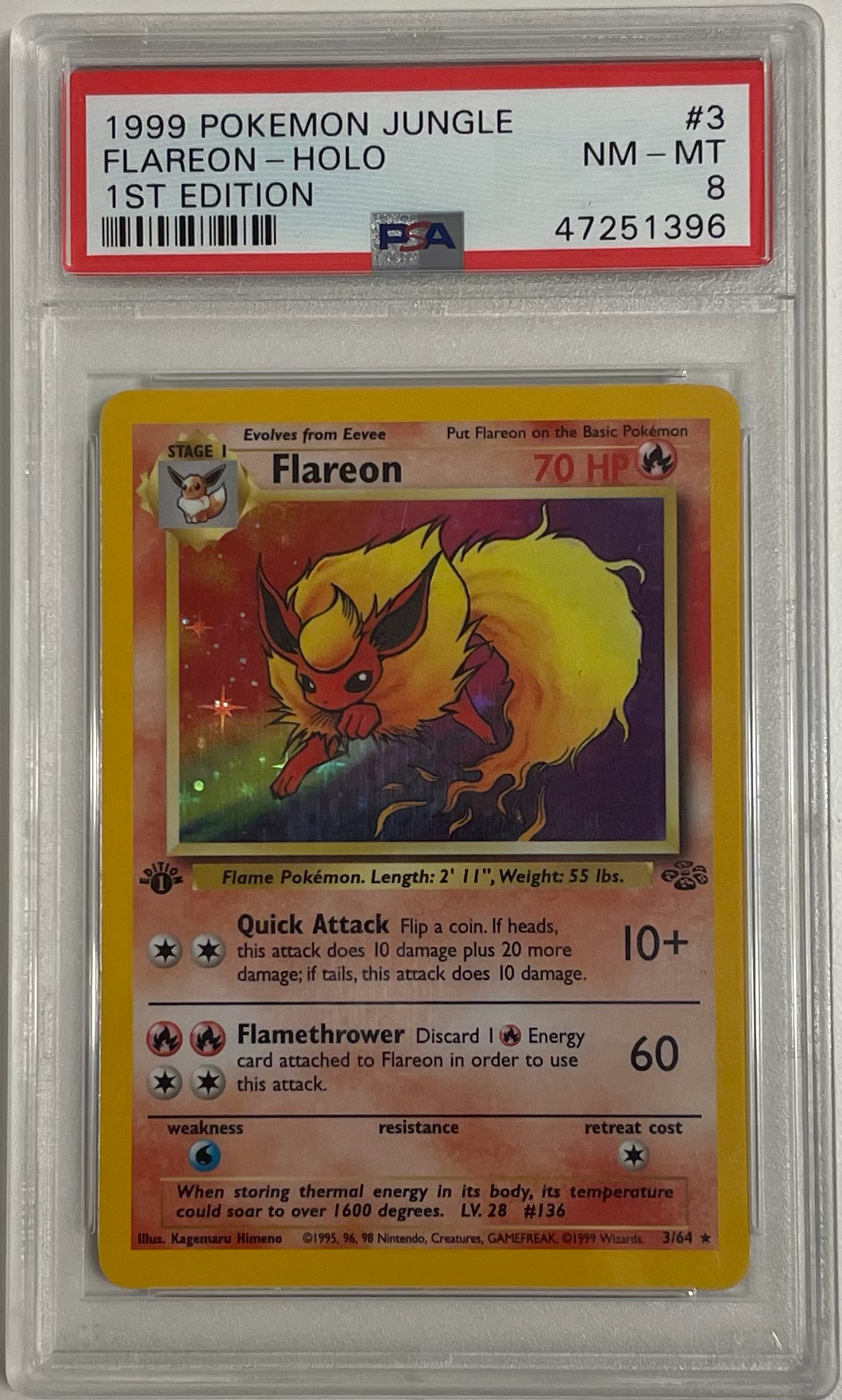Flareon 3/64 Jungle 1St Edition Holo - 1999 Pokemon - PSA 8