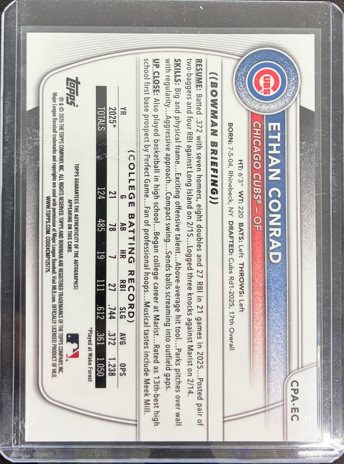 2025 Topps Bowman Baseball - Ethan Conrad - Chrome Prospect Autographs Blue /150