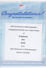 2025 Topps Bowman U Now AJ Dybantsa #58AR Auto Net Relic Black /10 Redemtion Rookie RC Basketball Card
