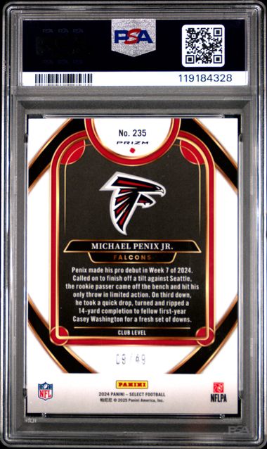 Michael Penix Jr. 2024 Panini Select Red Prizm Rookie Card #'D 09/49 PSA 10 (Jersey #)