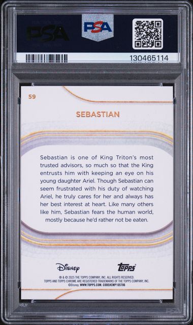 Sebastian 2025 Topps Chrome Disney Orange Wave Refractor #'D 18/25 PSA 8