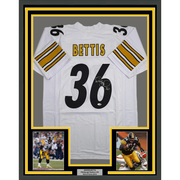 Framed Autographed/Signed Jerome Bettis 35x39 Pittsburgh White Football Jersey JSA COA