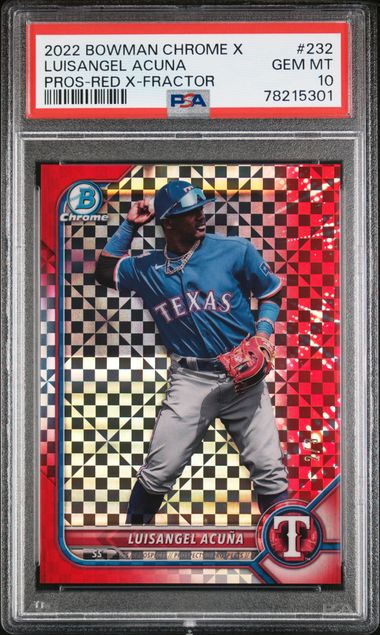 Luisangel Acuna 2022 Bowman Chrome X Red X-Fractor #'D 2/3 PSA 10