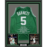 Framed Autographed/Signed Kevin Garnett 35x39 Boston Green Stat Basketball Jersey Beckett BAS COA