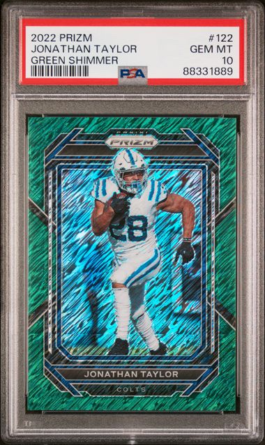 Jonathan Taylor 2022 Panini Prizm Green Shimmer #'D 3/5 PSA 10