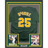 Framed Autographed/Signed Mark McGwire 35x39 Oakland Green Baseball Jersey Beckett BAS COA