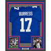 Framed Autographed/Signed Plaxico Burress 35x39 New York Blue Football Jersey JSA COA