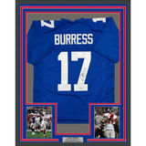 Framed Autographed/Signed Plaxico Burress 35x39 New York Blue Football Jersey JSA COA