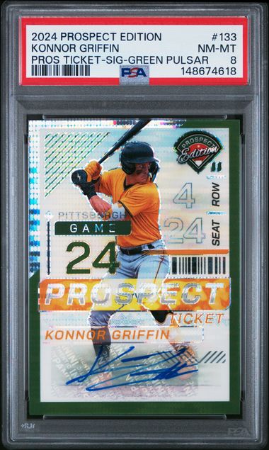 Konnor Griffin 2024 Panini Prospect Edition Pros Ticket Autograph Green Pulsar #'D 14/25 PSA 8