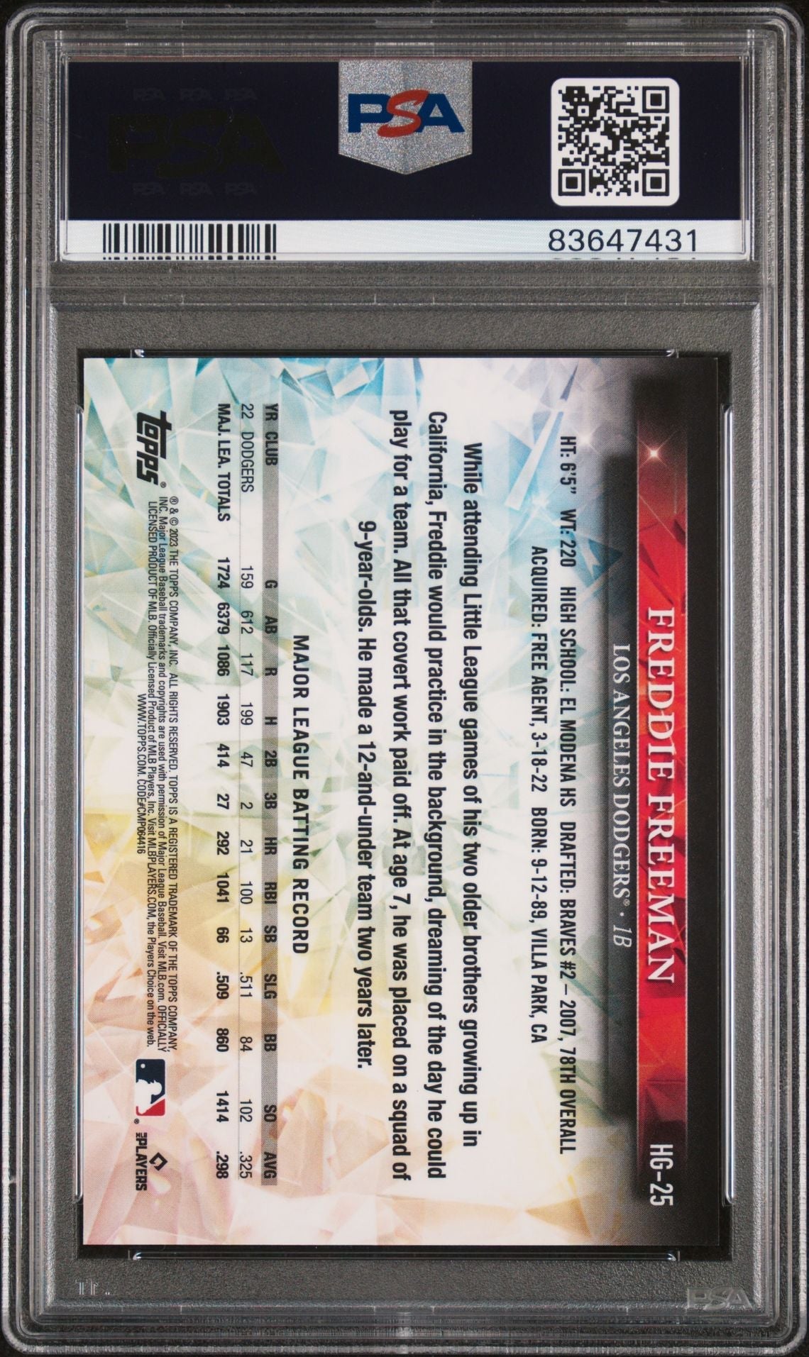 Freddie Freeman 2023 Topps Chrome Hidden Gems Ssp PSA 10