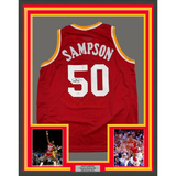 Framed Autographed/Signed Ralph Sampson 35x39 Houston Red Basketball Jersey JSA COA