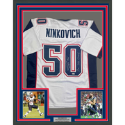 Framed Autographed/Signed Rob Ninkovich "2x SB Champ" 35x39 New England White Football Jersey Beckett BAS COA
