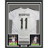 Framed Autographed/Signed Rodrygo Silva de Goes 35x39 Real Madrid White Soccer Jersey Beckett BAS COA