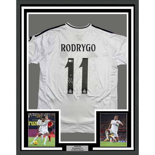 Framed Autographed/Signed Rodrygo Silva de Goes 35x39 Real Madrid White Soccer Jersey Beckett BAS COA