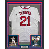 Framed Autographed/Signed Roger Clemens "Rocket" 35x39 Boston White Baseball Jersey JSA COA