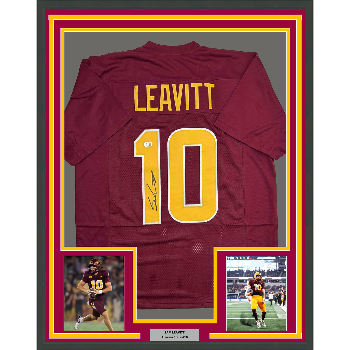 Framed Autographed/Signed Sam Leavitt 35x39 Arizona State Maroon College Football Jersey Beckett BAS COA