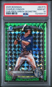 Graded 2025 Topps Bowman Charlie Condon #BCP75 Chrome Prospects Green Geometric /99 Rookie RC Baseball Card PSA 10 Gem Mint