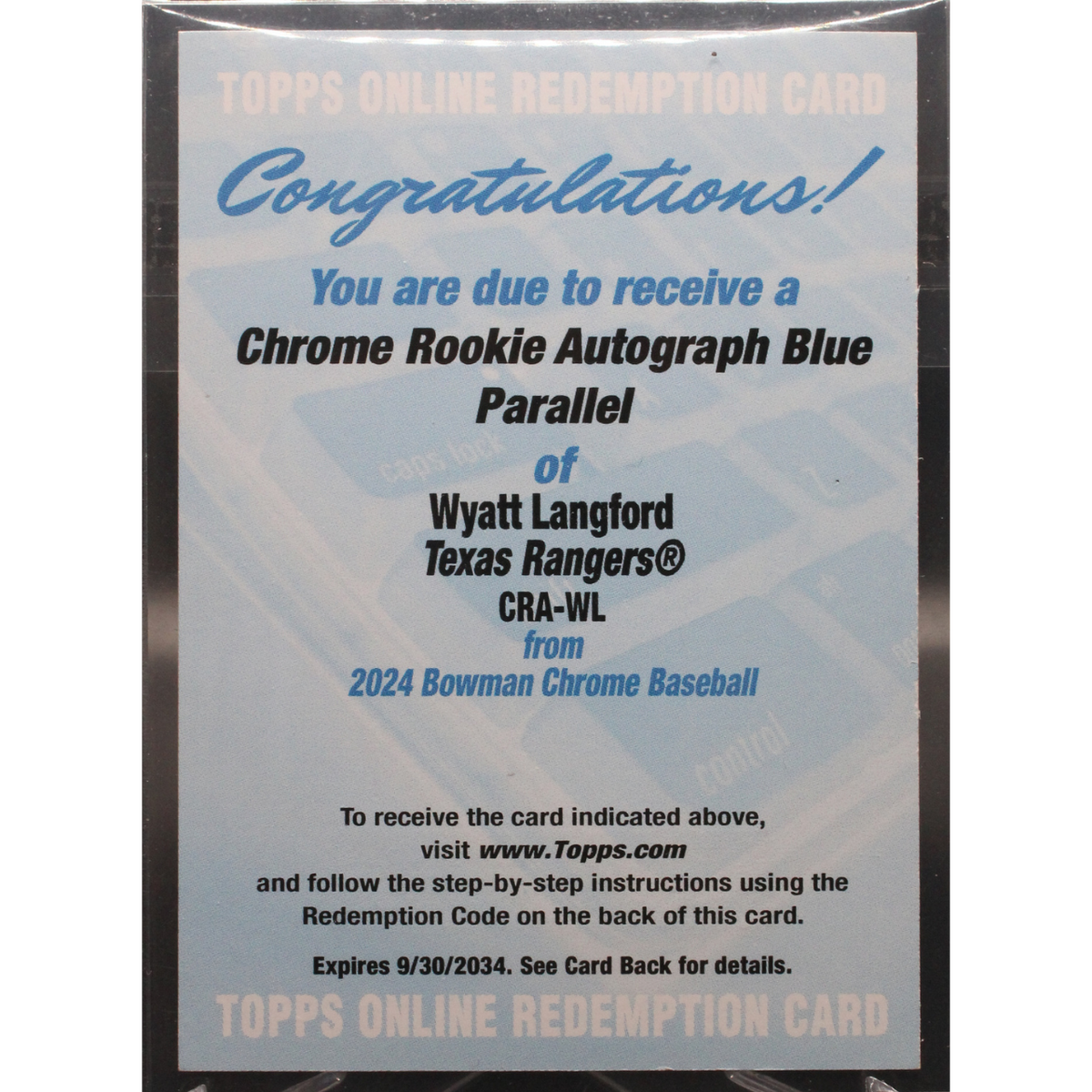 2024 Topps Bowman Chrome Baseball - Wyatt Langford Cra-Wl - Blue Rookie Auto