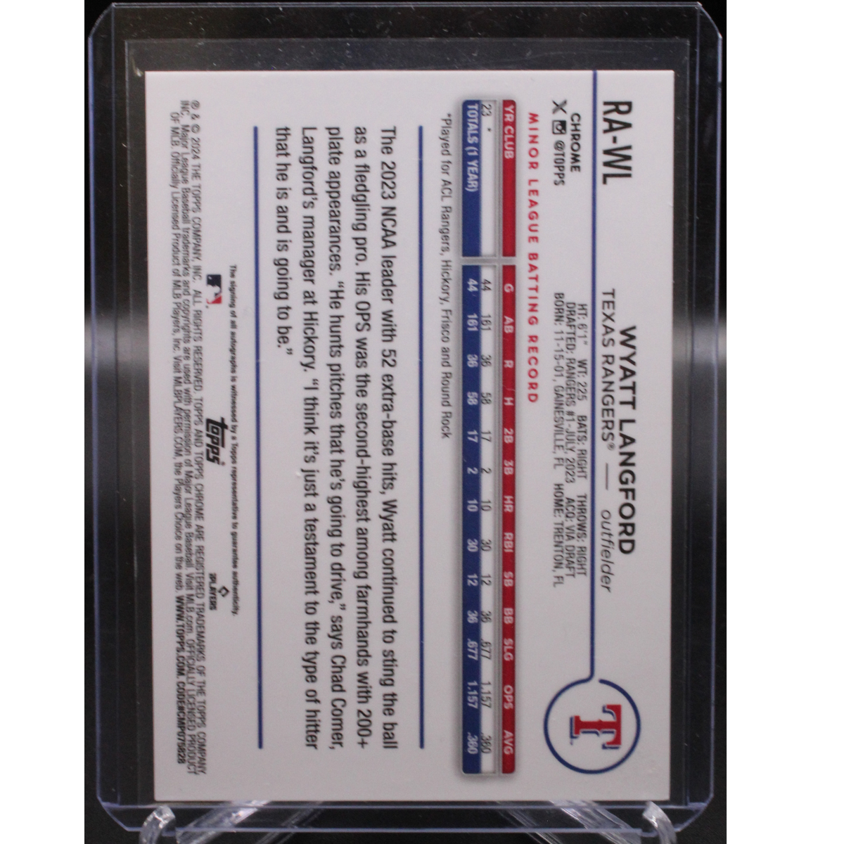 2024 Topps Chrome Baseball - Wyatt Langford Ra-Wl - Purple Speckle Refractor Auto /299