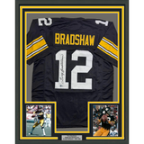 Framed Autographed/Signed Terry Bradshaw 35x39 Pittsburgh Black Football Jersey Beckett BAS COA