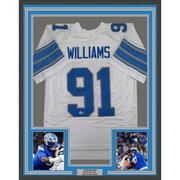 Framed Autographed/Signed Tyleik Williams 35x39 Detroit White Football Jersey Beckett BAS COA