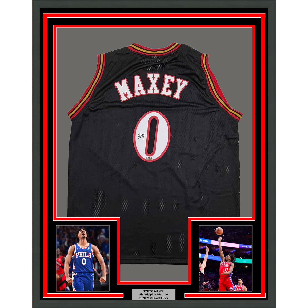 Framed Facsimile Autographed Tyrese Maxey 35x39 Philadelphia Retro Black Reprint Laser Auto Basketball Jersey