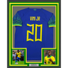 Framed Autographed/Signed Vini Vinicius Jr. 35x39 Brazil Blue Soccer Jersey Beckett BAS COA