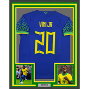 Framed Autographed/Signed Vini Vinicius Jr. 35x39 Brazil Blue Soccer Jersey Beckett BAS COA