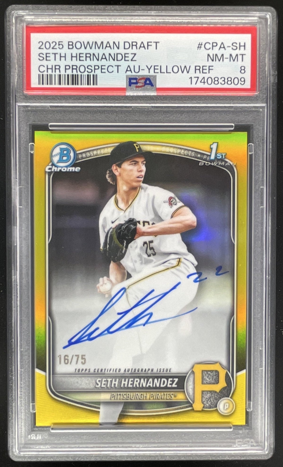 2025 Bowman Draft Chrome Prospect Yellow #CPASH Seth Hernandez RC Auto /75 PSA 8