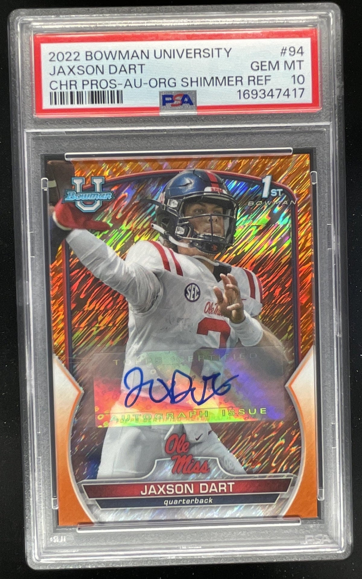 2022 Bowman University Chrome Orange Shimmer #94 Jaxson Dart /25 PSA 10