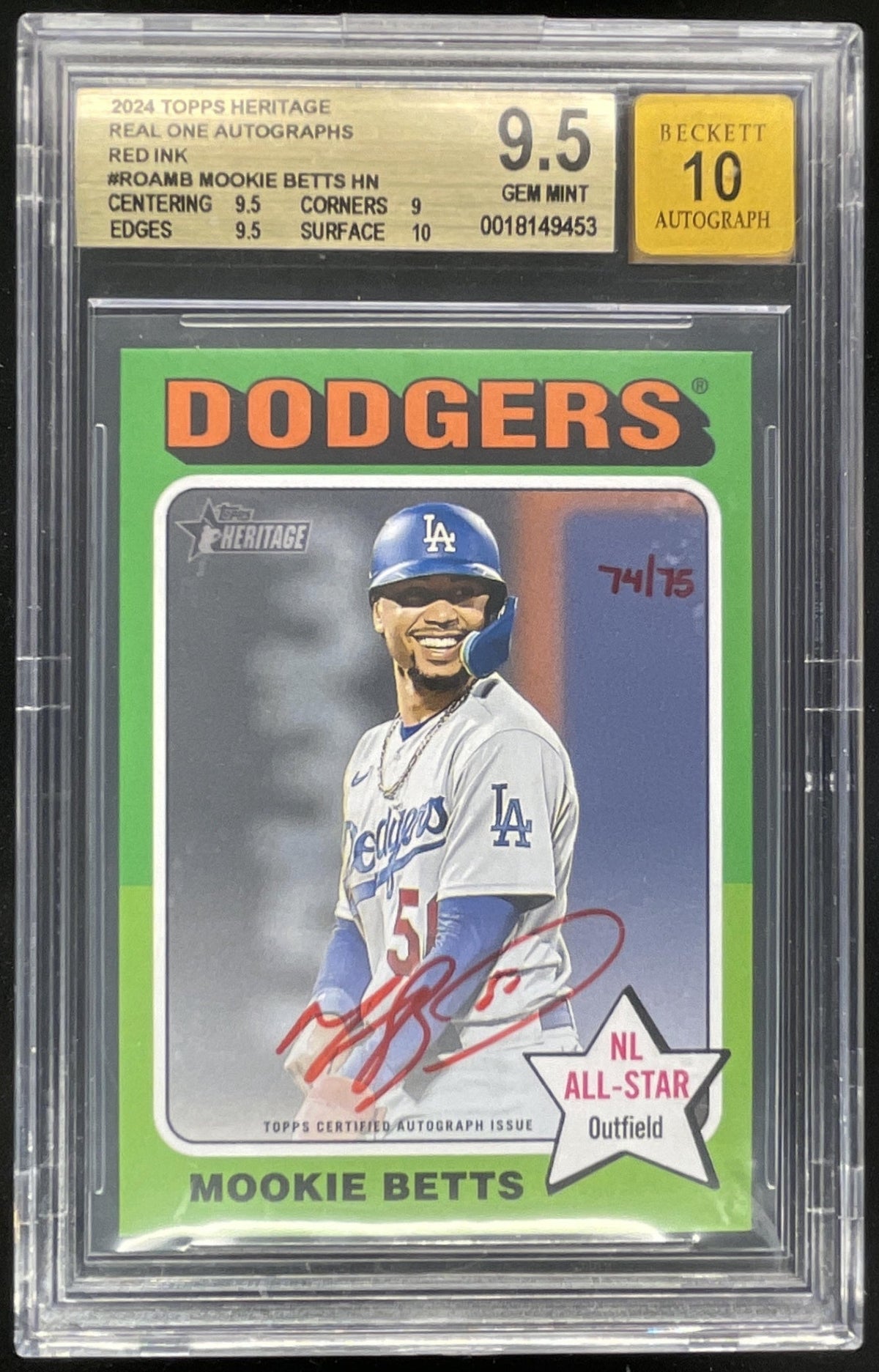 2024 Topps Heritage High Number Real One Red Ink Mookie Betts Auto /75 BGS 9.5