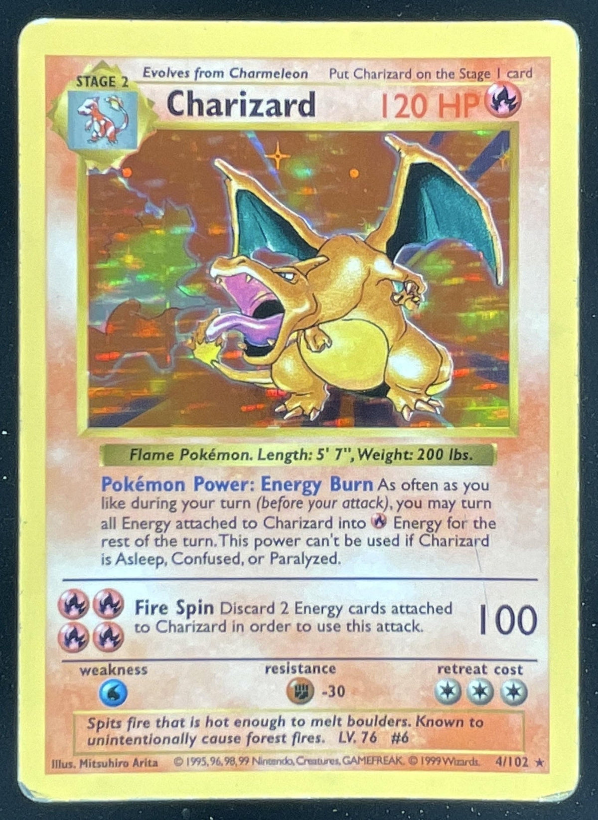 1999 Pokemon Shadowless Set #4/102 Charizard Holo
