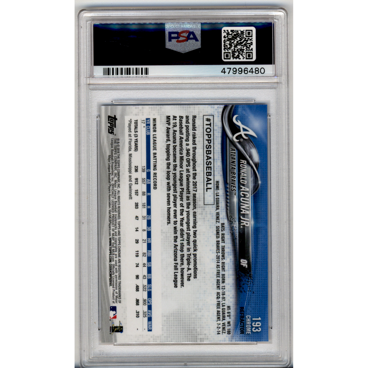 2018 Topps Chrome Ronald Acuna Jr. #193 X Fractor PSA 10