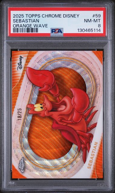 Sebastian 2025 Topps Chrome Disney Orange Wave Refractor #'D 18/25 PSA 8