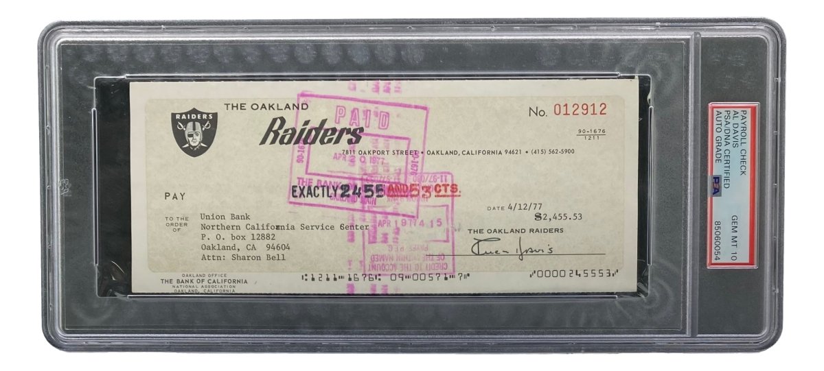 Al Davis Signed Oakland Raiders  Bank Check #12912 PSA/DNA Gem MT 10