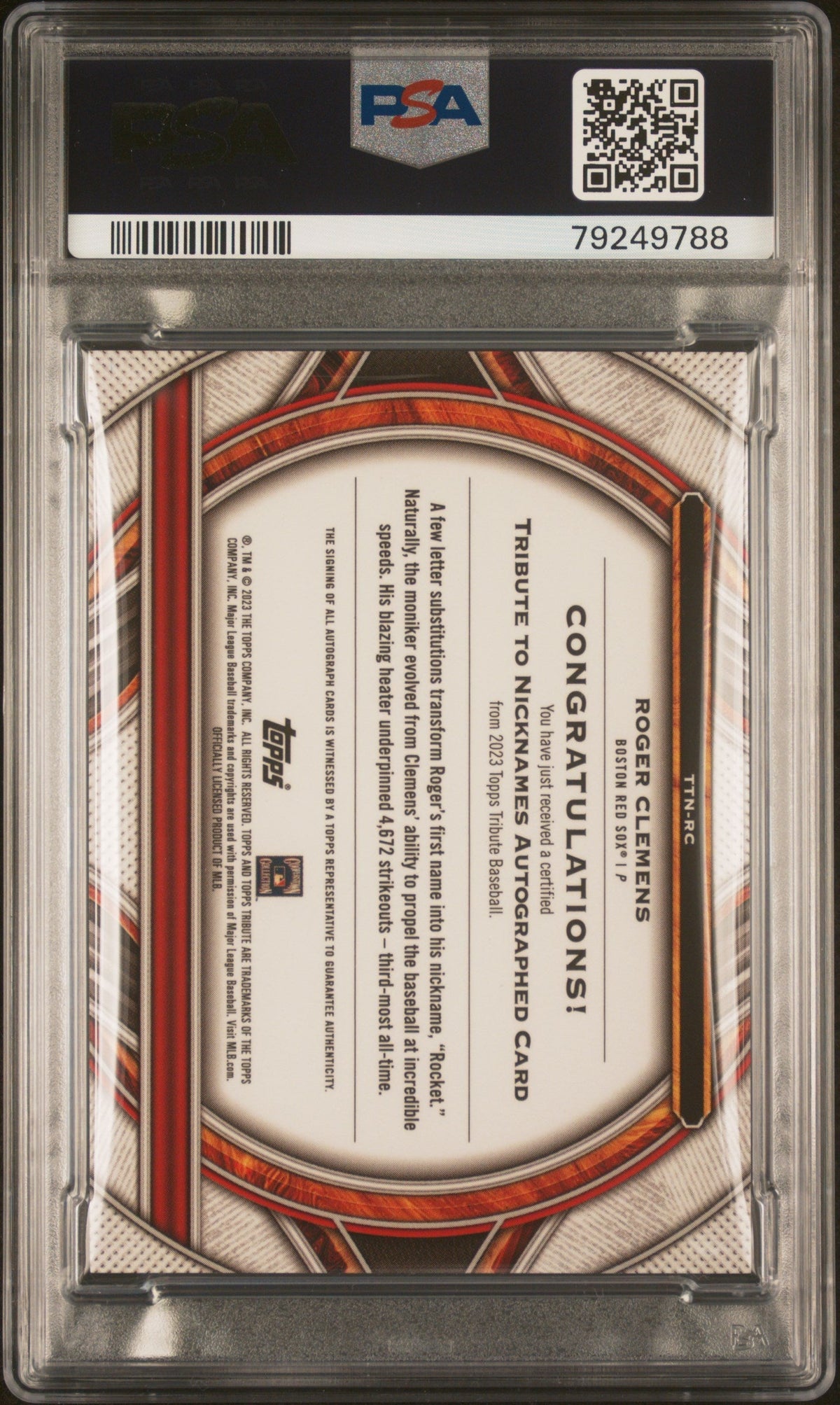 2023 Topps Tribute To Nicknames Auto Roger Clemens #Ttnrc Rd PSA Auto 10