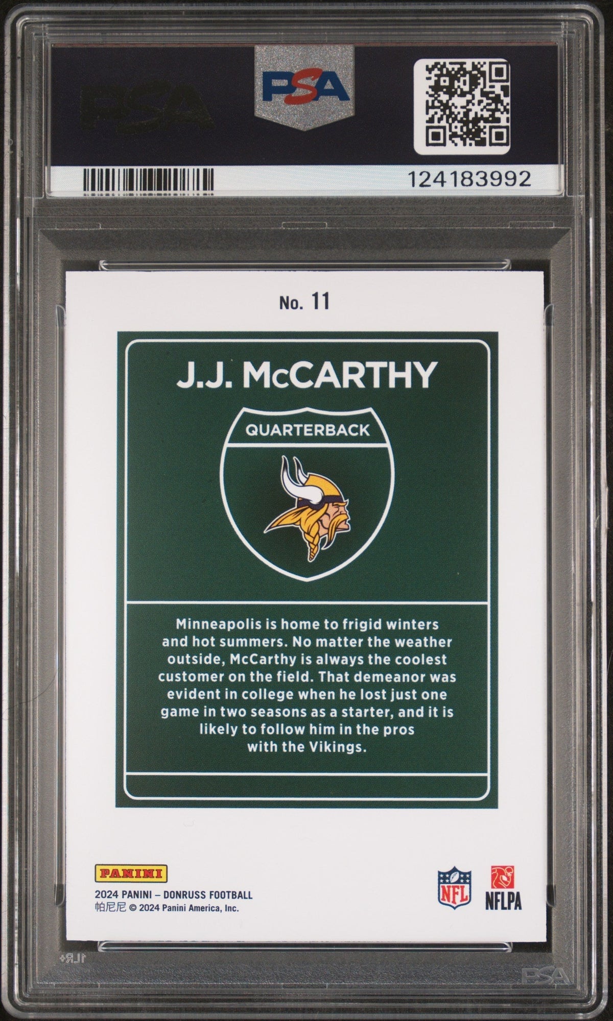 2024 Panini Donruss Downtown! Jj Mccarthy #11 PSA 10