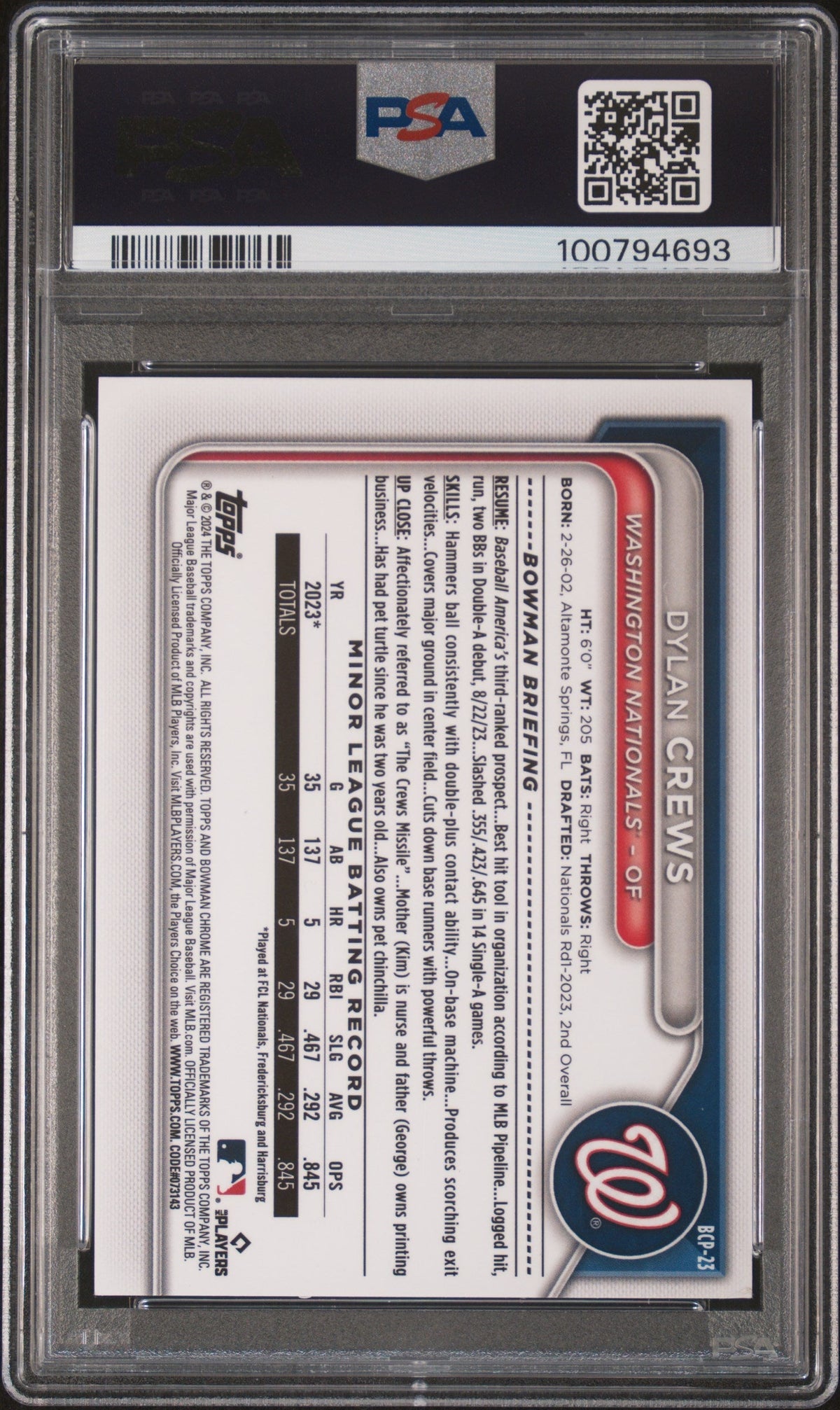 2024 Bowman Sapphire Edition Chrome Prospects Dylan Crews #Bcp23 Red 2/5 PSA 8