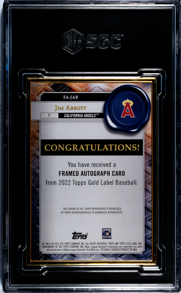 2022 Topps Gold Label Jim Abbott #Fa-Jab Framed Autograph Sgc 9 Auto 10