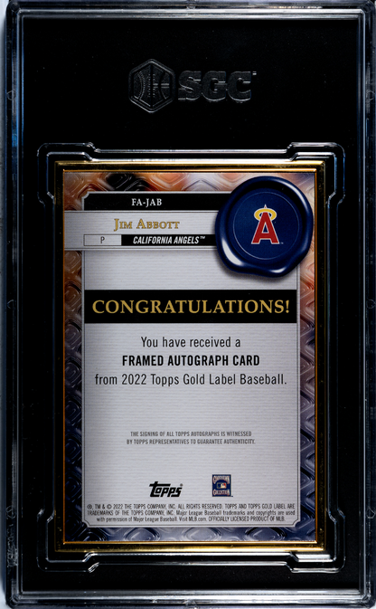 2022 Topps Gold Label Jim Abbott #Fa-Jab Framed Autograph Sgc 9 Auto 10