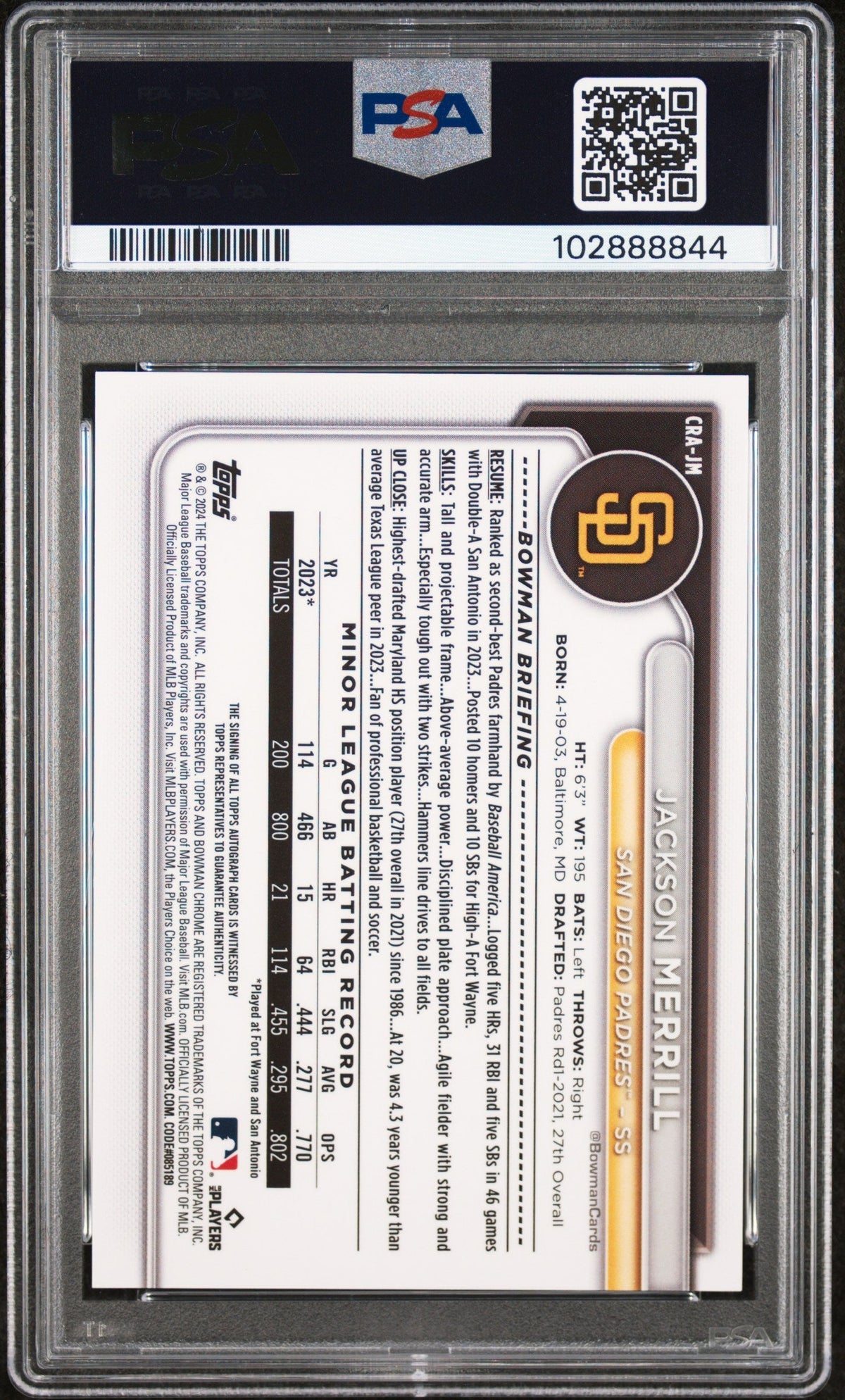 2024 Bowman Chrome Rookie Auto Jackson Merrill #Crajm Gold Refractor PSA 10