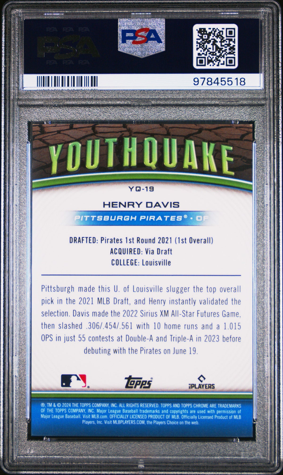 2024 Topps Chrome Youthquake Henry Davis #Yq19 Sprfrctr 1/1 PSA 10