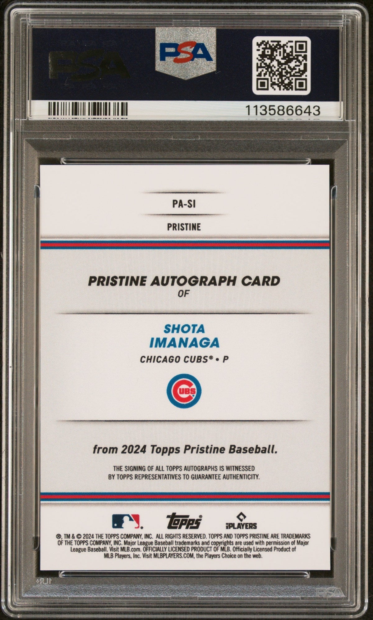 2024 Topps Pristine Pristine Auto Shota Imanaga #Pasi Purple /99 PSA 10 Auto 10