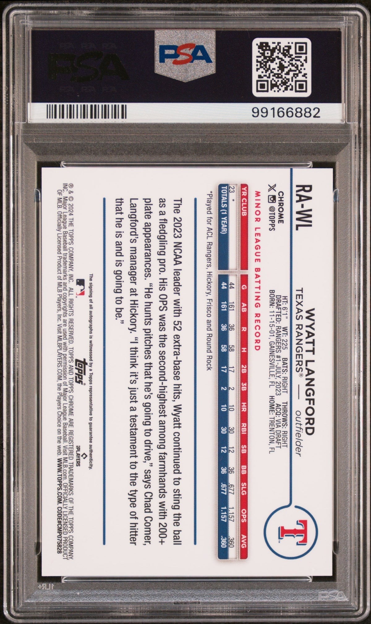 2024 Topps Chrome Rookie Auto Wyatt Langford #Rawl Purple Ref 148/250 PSA 9