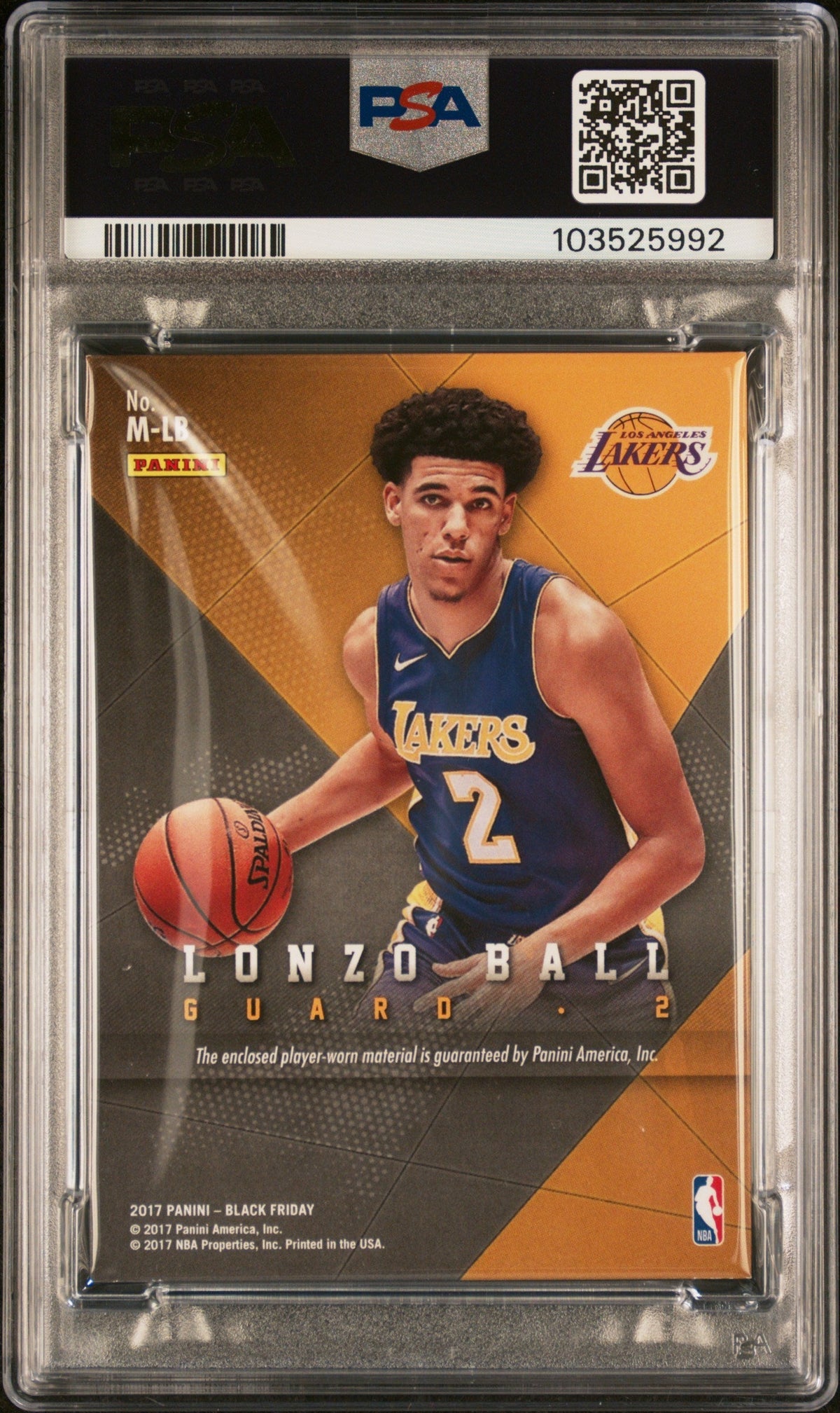 2017 Panini Black Friday Memorabilia Lonzo Ball #M-Lb Hyperplaid 1/1 PSA A