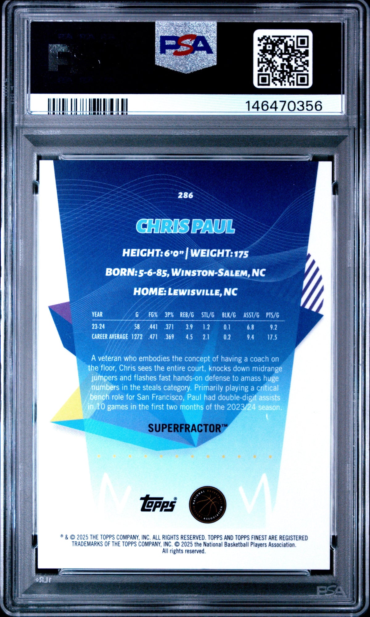 2024 Topps Finest Chris Paul #286 Superfractor 1/1 PSA 8