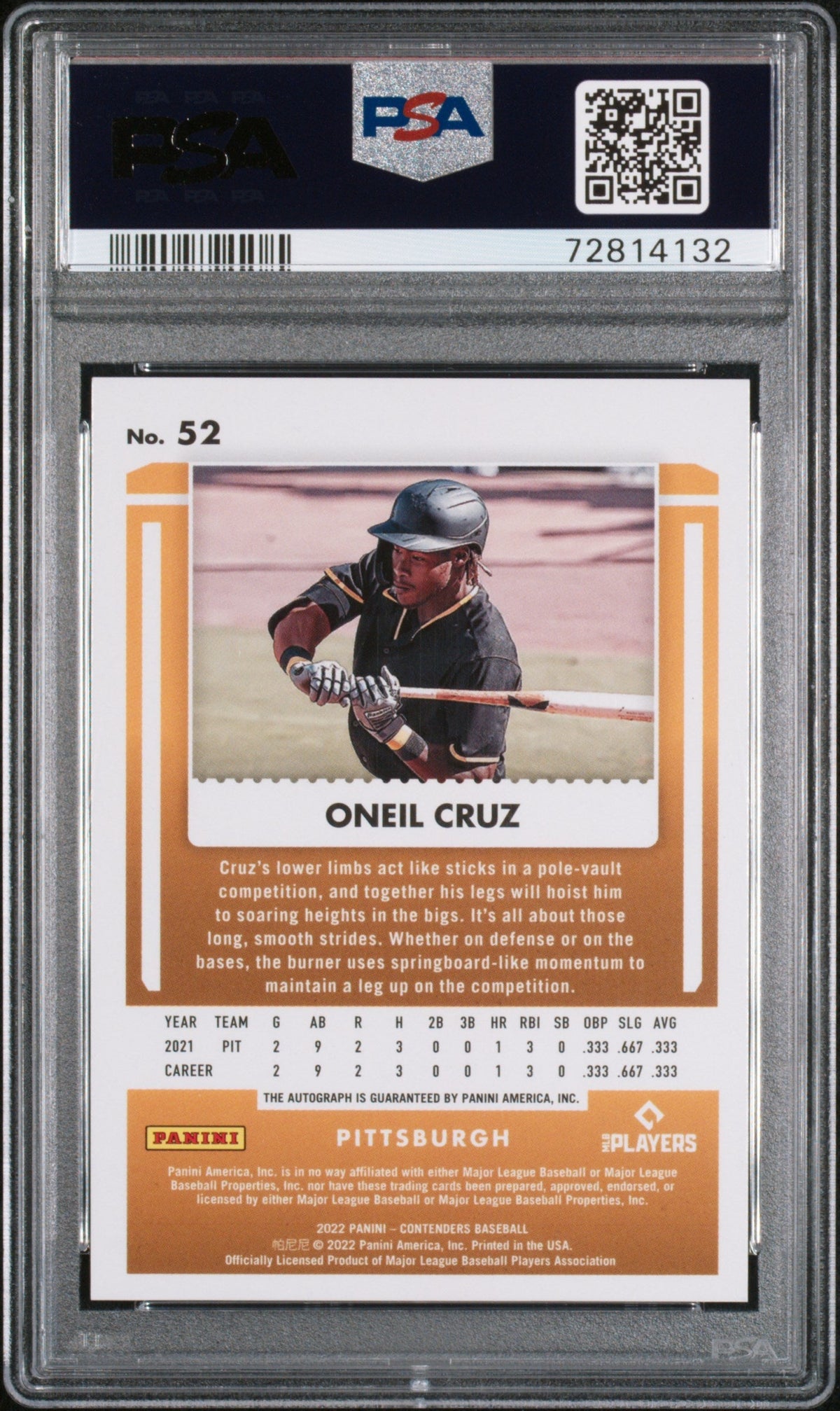 2022 Panini Contenders Rc Ticket Auto Oneil Cruz #52 Blue Draft PSA /15