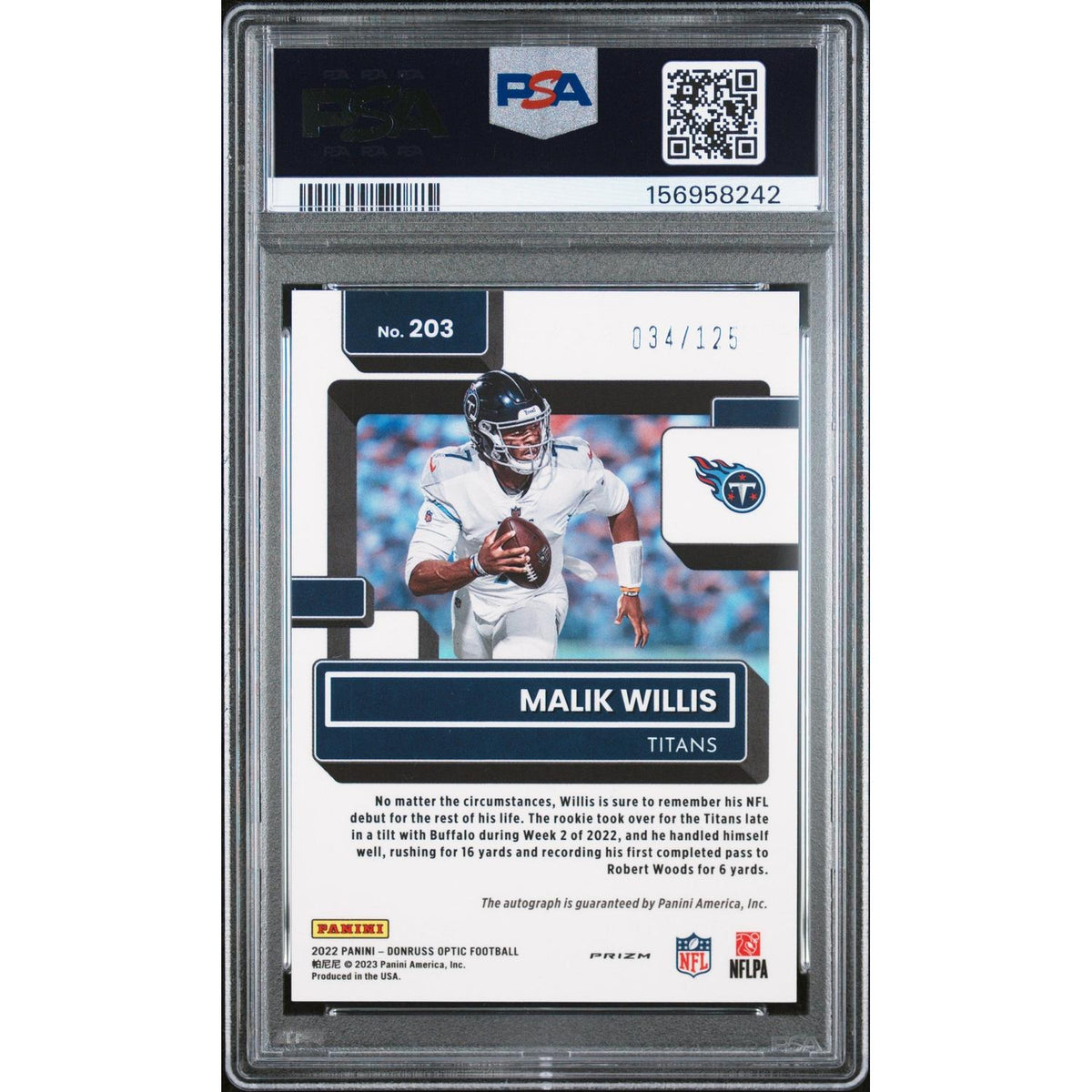 2022 Panini Donruss Optic Malik Willis #203 Autograph Holo PSA 10